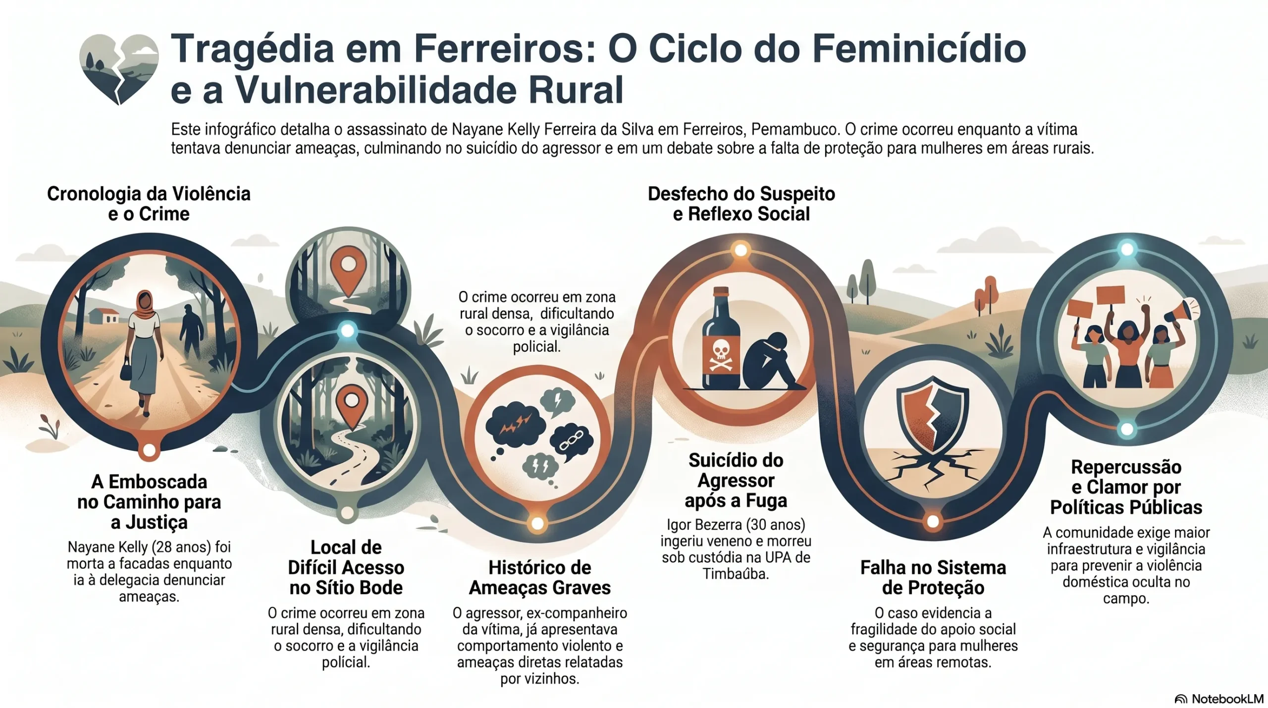 Feminicídio em Ferreiros é explicado em infográfico sobre vulnerabilidade rural e proteção às mulheres
