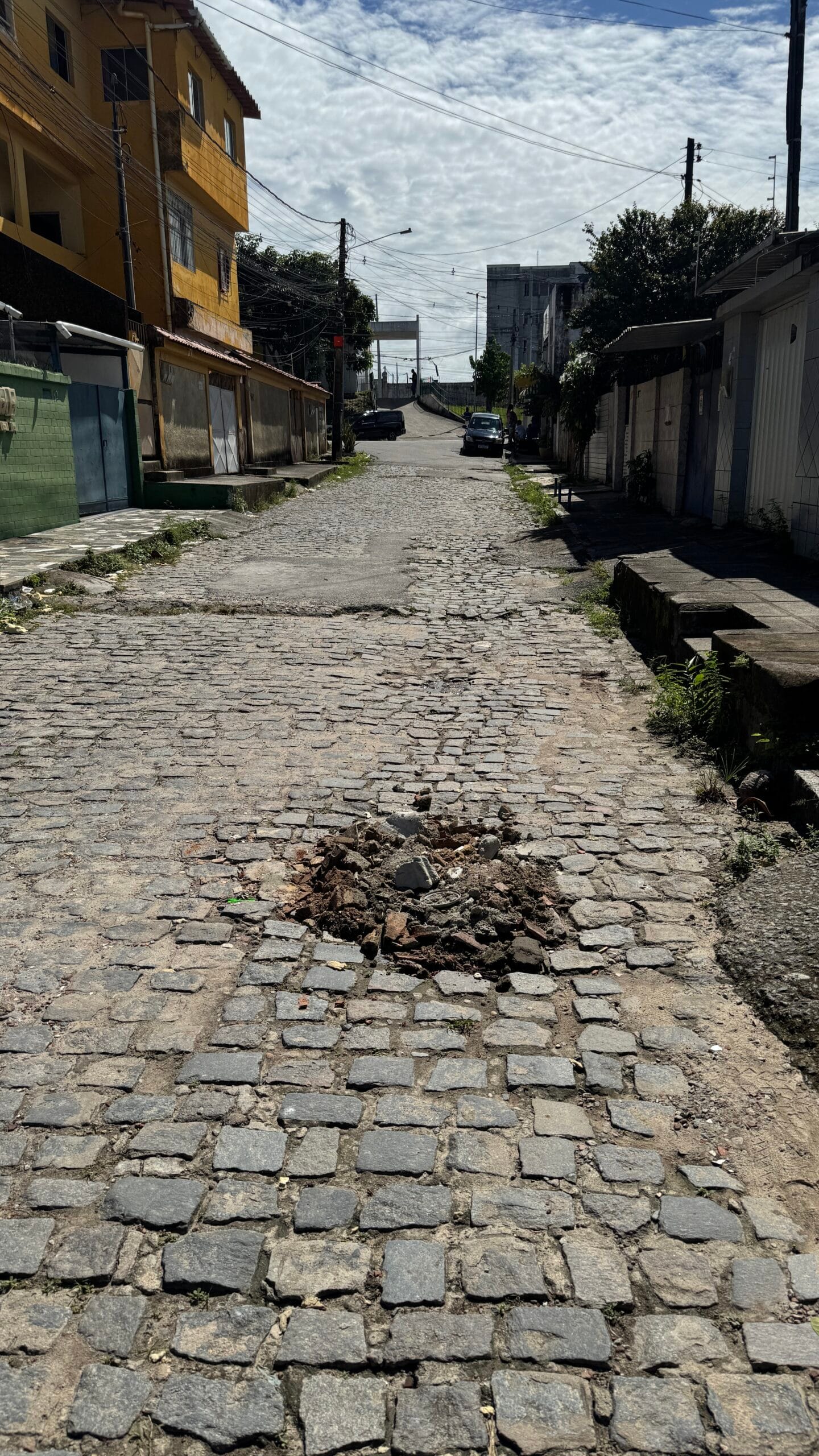 Rua das Tulipas apresenta trecho com calçamento danificado e abertura no pavimento em Rio Doce, Olinda.