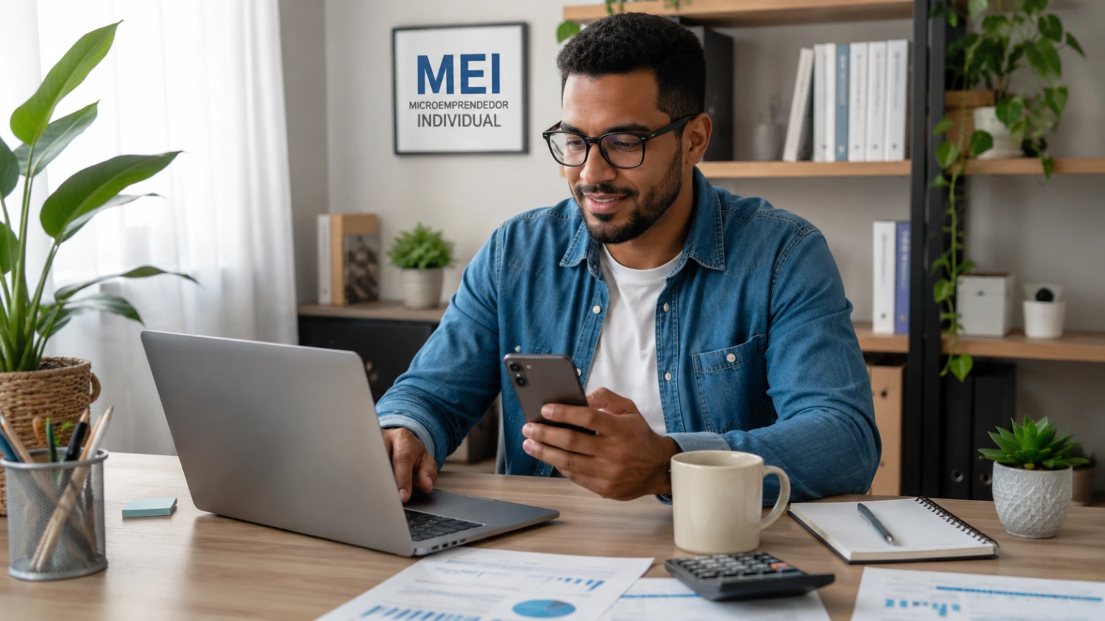 Como abrir um MEI: microempreendedor utiliza notebook e celular em escritório doméstico