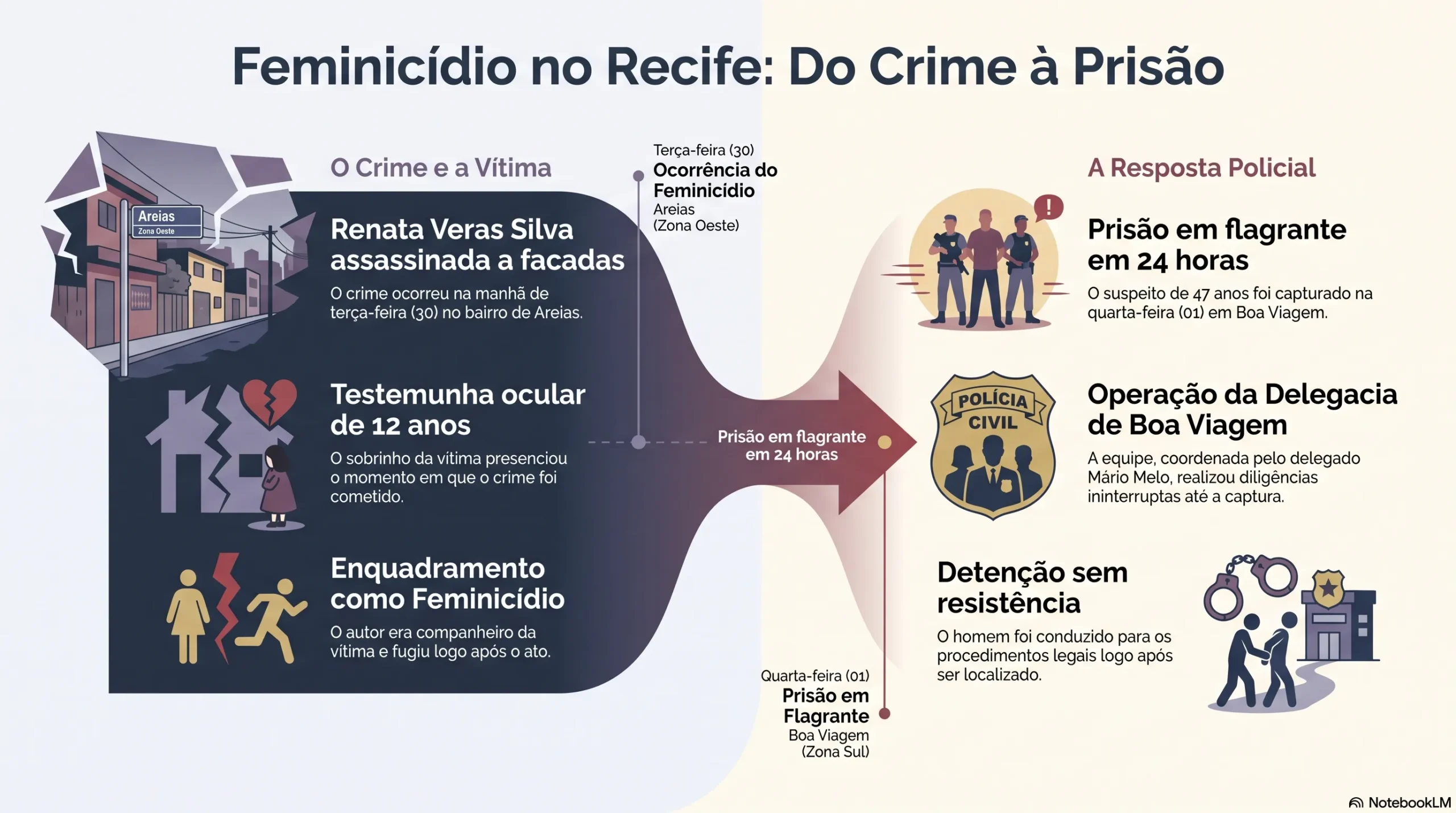 Feminicídio no Recife: infográfico mostra cronologia do caso entre crime em Areias e prisão do suspeito em Boa Viagem